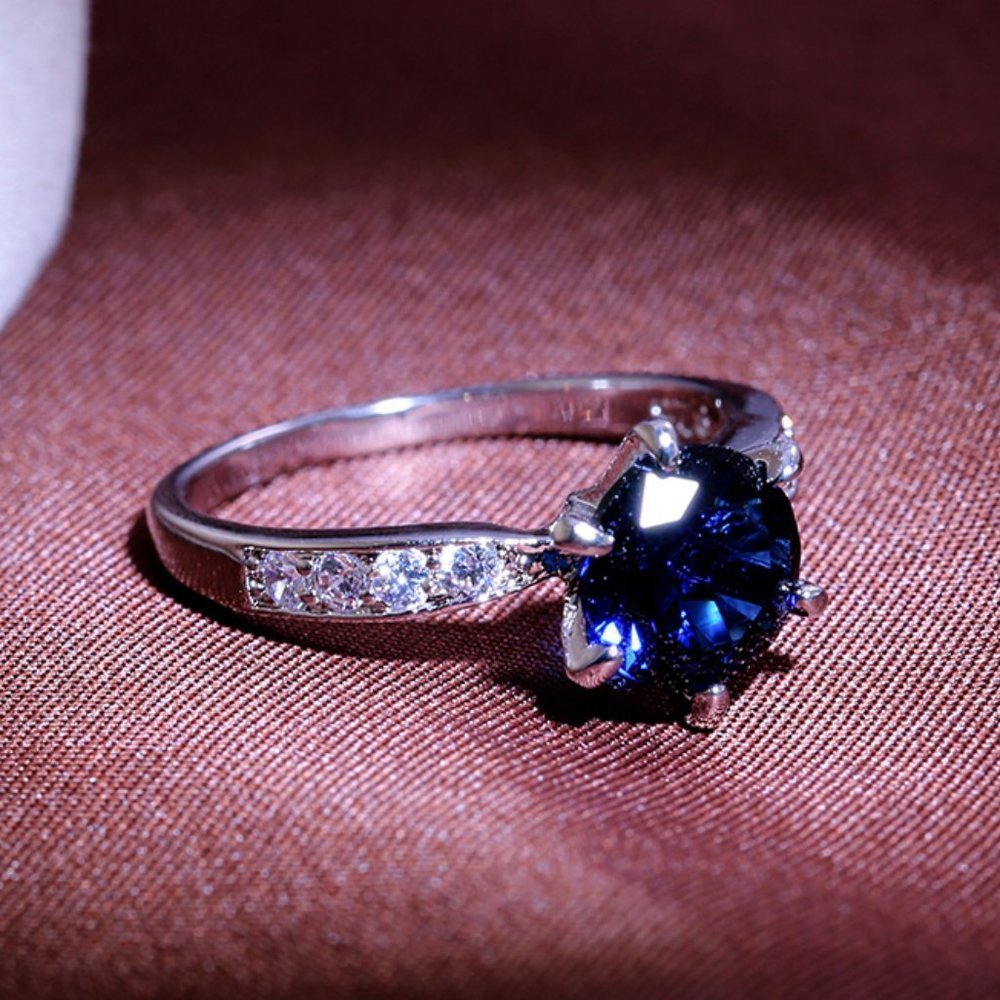 - Dainty Round Blue Gemstone Anillos Wedding Silver Ring for Women, VIP517